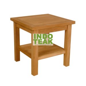 Premium solid teak side table with lower storage shelf handcrafted from Grade A Indonesian teak wood for outdoor patios, gardens, balconies, hotels, resorts, and luxury outdoor living spaces.