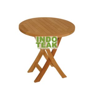 Premium round solid teak folding side table handcrafted from Grade A Indonesian teak wood with a space-saving folding design for outdoor gardens, patios, balconies, hotels, resorts, cafés, and poolside living. INDOTEAK.CO.ID