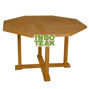 Solid teak wood octagonal outdoor dining table featuring a parquet slatted tabletop with a central umbrella hole and a sturdy X-cross base. INDOTEAK.CO.ID