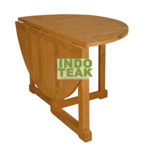 Premium Half Round Folding Teak Garden Table made from Grade A solid teak wood with a space-saving folding drop leaf design for patios, gardens, balconies, cafes, hotels, and resorts. INDOTEAK.CO.ID