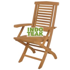 Premium Teak Folding Arm Chair made from Grade A Indonesian teak wood for outdoor garden, patio, balcony, hotel, restaurant, resort and commercial furniture. All of our teak wood is legally sourced and certified under the Indonesian SVLK (Timber Legality Assurance System) and the Forest Stewardship Council (FSC), ensuring sustainability, legality, and full compliance with international export standards