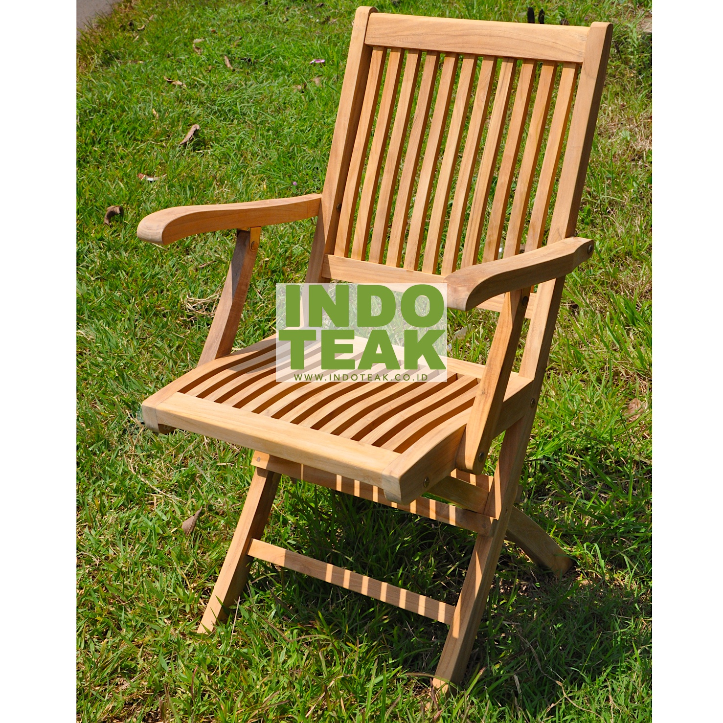 Premium Solid Teak Folding Arm Chair handcrafted from Grade A Indonesian teak wood for outdoor garden, patio, hotel, resort, restaurant, balcony and commercial furniture.