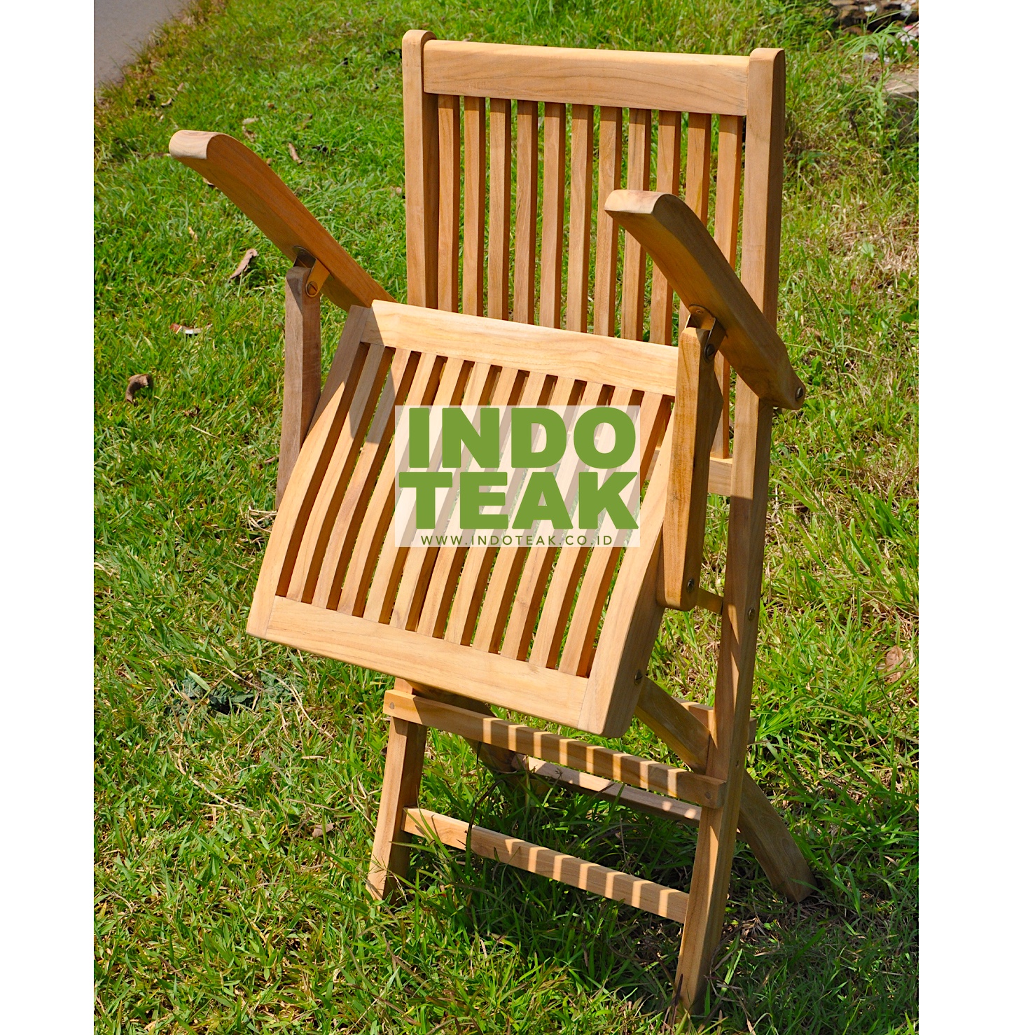 Premium Solid Teak Folding Arm Chair handcrafted from Grade A Indonesian teak wood for outdoor garden, patio, hotel, resort, restaurant, balcony and commercial furniture.