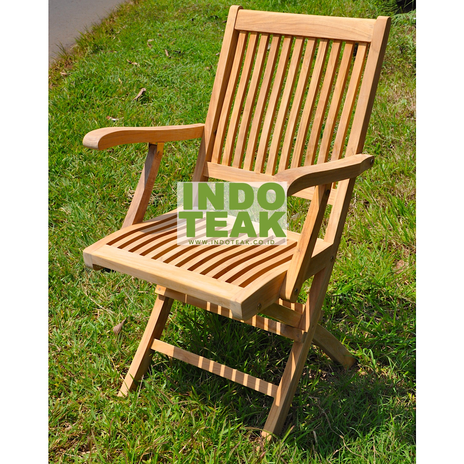 Premium Solid Teak Folding Arm Chair handcrafted from Grade A Indonesian teak wood for outdoor garden, patio, hotel, resort, restaurant, balcony and commercial furniture.