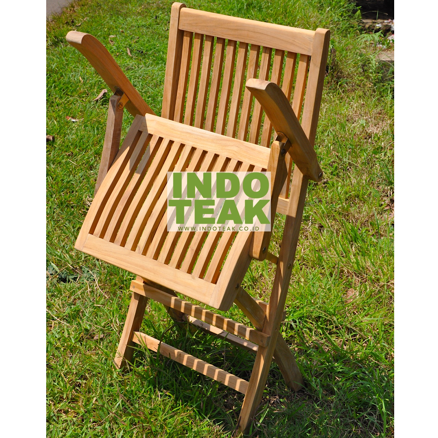 Premium Solid Teak Folding Arm Chair handcrafted from Grade A Indonesian teak wood for outdoor garden, patio, hotel, resort, restaurant, balcony and commercial furniture.