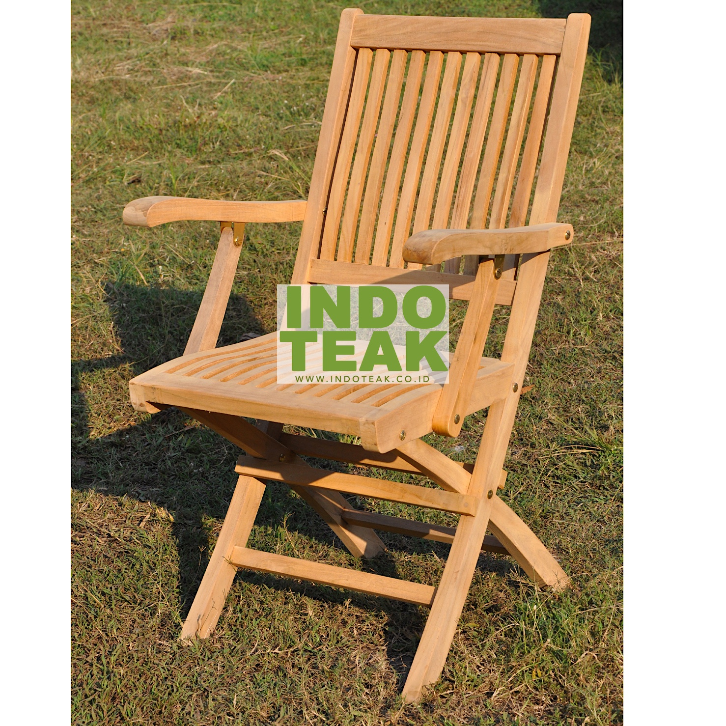 Premium Solid Teak Folding Arm Chair handcrafted from Grade A Indonesian teak wood for outdoor garden, patio, hotel, resort, restaurant, balcony and commercial furniture.