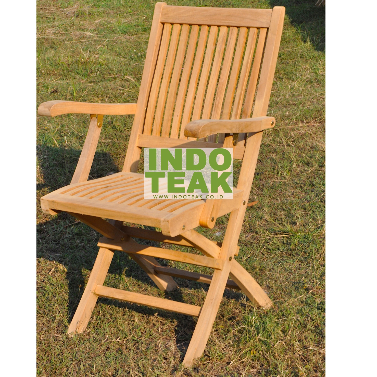 Premium Solid Teak Folding Arm Chair handcrafted from Grade A Indonesian teak wood for outdoor garden, patio, hotel, resort, restaurant, balcony and commercial furniture.