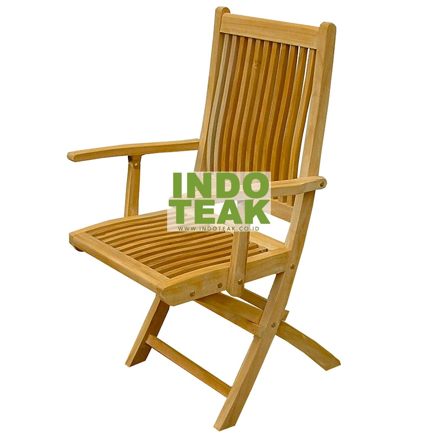 Premium solid teak folding arm chair handcrafted from Grade A Indonesian teak wood. Weather-resistant outdoor chair for garden, patio, hotel, resort, restaurant, and commercial use