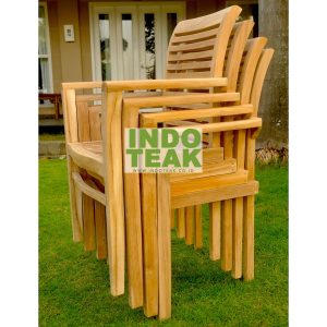Premium Solid Teak Stacking Arm Chair handcrafted from Grade A Indonesian teak wood for outdoor dining, hotel, restaurant, resort, patio, garden and commercial hospitality furniture.