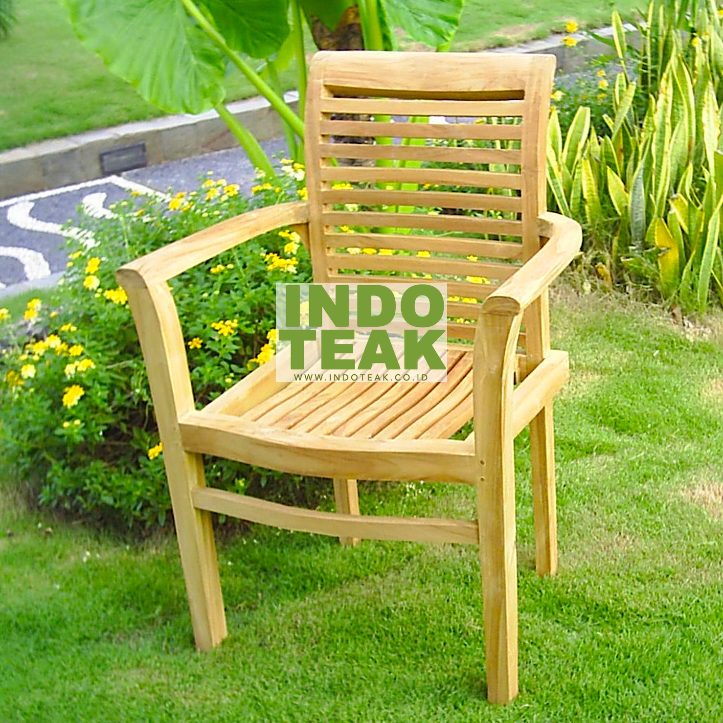 Premium Solid Teak Stacking Arm Chair handcrafted from Grade A Indonesian teak wood for outdoor dining, hotel, restaurant, resort, patio, garden and commercial hospitality furniture.