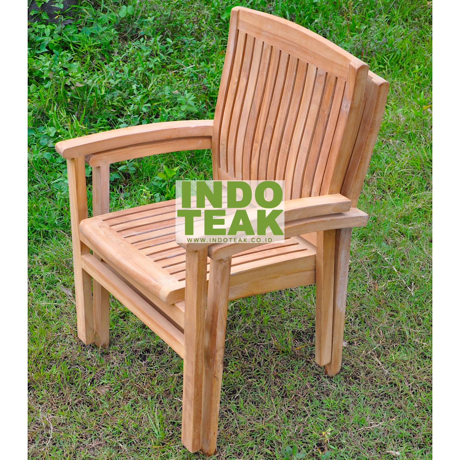 Premium Solid Teak Stacking Arm Chair handcrafted from Grade A Indonesian teak wood for outdoor dining, hotel, restaurant, resort, patio, garden and commercial hospitality furniture.