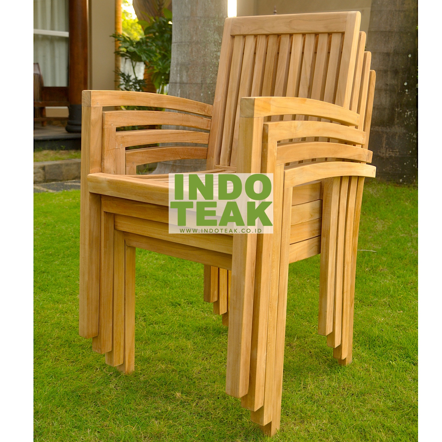 Premium Teak Stacking Arm Chair handcrafted from Grade A Indonesian teak wood for outdoor gardens, patios, hotels, restaurants, resorts, cafés, and commercial hospitality furniture.